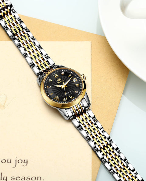 OLEVS Women Automatic Watch Diamond Mechanical Self Winding Fashion Elegant Dress Wrist Watch Black Luminous Waterproof Stainless Steel Date OLEVS