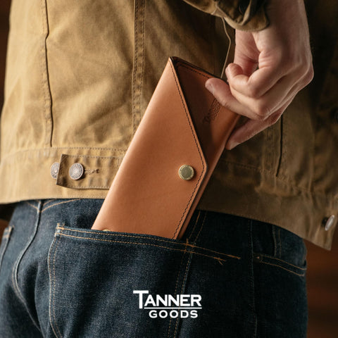 TANNER GOODS Mens Wallet. Mens Leather Wallets. Workman Wallet Four Card Slots with Interior Cash Bill Pockets. Saddle Tan TANNER GOODS