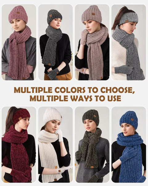 Women Beanie Scarf Gloves Headband Set for Winter, Chenille Beanie Hats Ear Warmer with Fleece Lined Knit Scarf Touchscreen Gloves, Fashion 4 in 1 Warm Xmas Gift Set for Cold Weather-Gray Winuesa