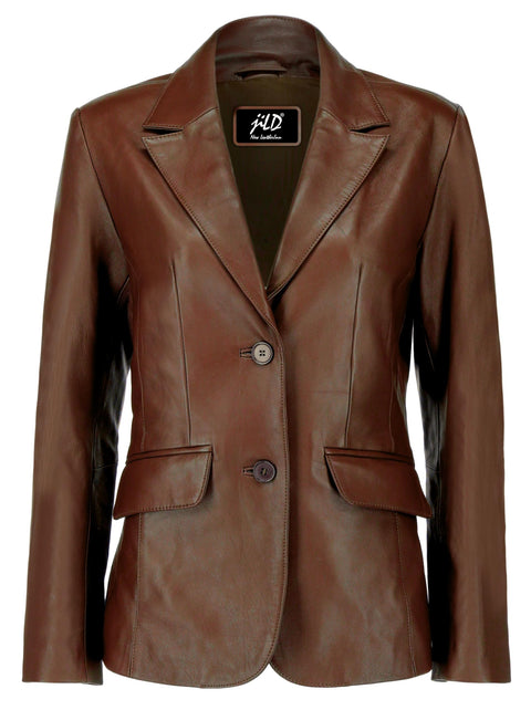 Jild Classic 2-Button Lambskin Leather Blazer Women - Casual Coat Long Sleeves Suit Style Leather Jacket Women (LC-Brn-3XL) Jild