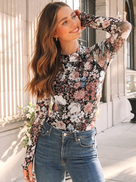 Dealmore Lace Sheer Long Sleeve Floral Mesh Mockneck Trendy Cute Going Out Tops for Women Fall Fashion Outfits 2025 Clothes Floral Fierce M