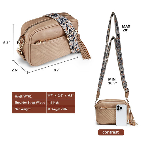 GLOSIW Quilted Crossbody Bags for Women Vegan Leather Shoulder Handbag Trendy Crossbody Purses with Adjustable Wide Strap（Light Brown） GLOSIW