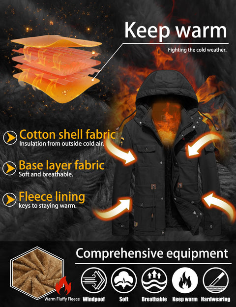 TACVASEN Mens Winter Jacket Fleece Warm Jackets Winter Coats for Men Military Work Coat with Hooded Black L