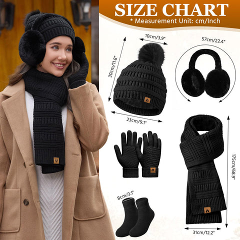 Jyanl Womens Winter Beanie Hat Scarf Gloves Set Fleece Hat Long Scarf Neck Warmer Ear muffs Fuzzy Socks 5 in 1 Knit Sets Jyanl