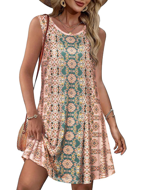 Sundress for Women Floral Bohemian Dress Sleeveless Loose Aline Beach Cover Up(Pink Boho Flower,L) elescat