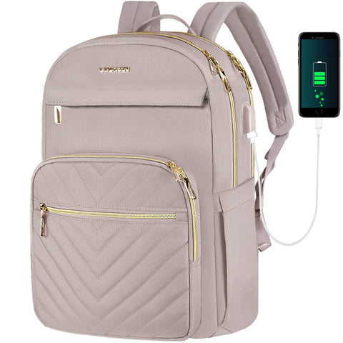 VANKEAN 15.6 Inch Laptop Backpack for Women Work Bag Fashion with USB Port, Waterproof Stylish Travel Bags Casual Daypacks for College, Business, Light Dusty Pink VANKEAN