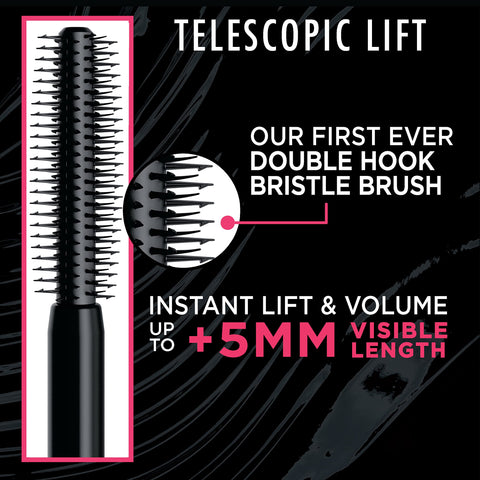 L'Oreal Paris Telescopic Lift Mascara, Lengthening and Volumizing Eye Makeup, Lash Lift with Up to 36HR Wear, Washable, Blackest Black, 0.33 Fl Oz