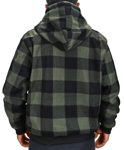 Genafy Mens Green Sherpa Lined Hoodie, Fleece Plaid Sweatshirt Full Zip Work Hoodies for Men Flannel Oversized Winter Heavyweight Men's Warm Fashion Thermal Hooded 5XL