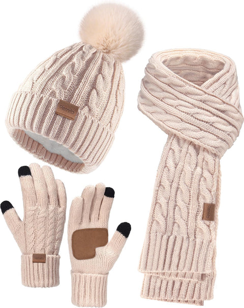 Women Beanie Hat Scarf Gloves Set, 3 PCS Winter Warm Pom Pom Beanie Hat Skull Cap Long Knit Neck Scarf & Touchscreen Gloves Set for Cold Weather, Christmas Holiday Gifts for Mom Wife Friend Sister Her Remifa
