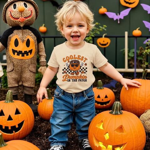 GLIGLITTR Toddler Boy Halloween Shirt Coolest Pumpkin in The Patch Tshirt Kids Spooky Season Short Sleeve Tee Top Fall Outfit(Apricot,4-5T)