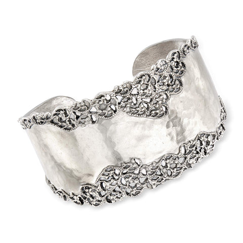 Ross-Simons Sterling Silver Hammered and Polished Filigree-Edge Wide Cuff Bangle Bracelet. 7 inches Ross-Simons