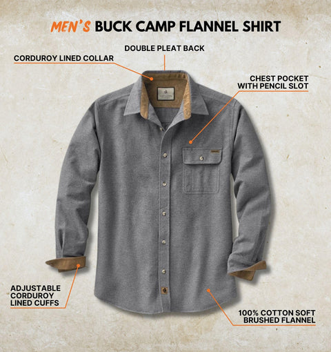 Legendary Whitetails Men's Standard Flannel Shirt Long Sleeve Button Down 100% Cotton, Charcoal Heather, Large