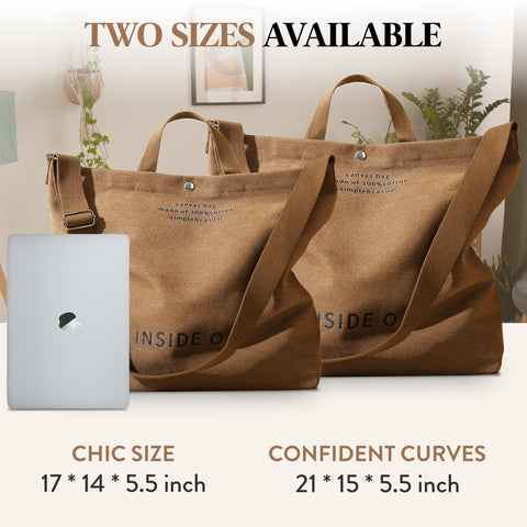 Tote Bag for Women, Large Canvas Bags Women Gift, Fashion Crossbody 16oz 100% Cotton Canvas Bag, Large Capacity Shoulder Bag (Brown)