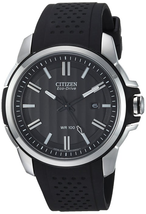Citizen Men's Eco-Drive Weekender Watch in Stainless Steel with Black Polyurethane strap, Black Dial, 44mm (Model: AW1150-07E) Citizen
