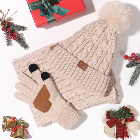 Women Beanie Hat Scarf Gloves Set, 3 PCS Winter Warm Pom Pom Beanie Hat Skull Cap Long Knit Neck Scarf & Touchscreen Gloves Set for Cold Weather, Christmas Holiday Gifts for Mom Wife Friend Sister Her Remifa