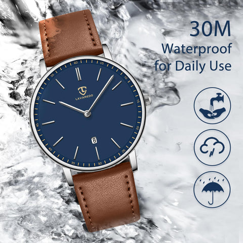 L LAVAREDO Watch for Men, Extremely Thin Mens Watches Minimalist Analog Men's Leather Wrist Watches with Time/Date, Birthday Gift for Men Boyfriend