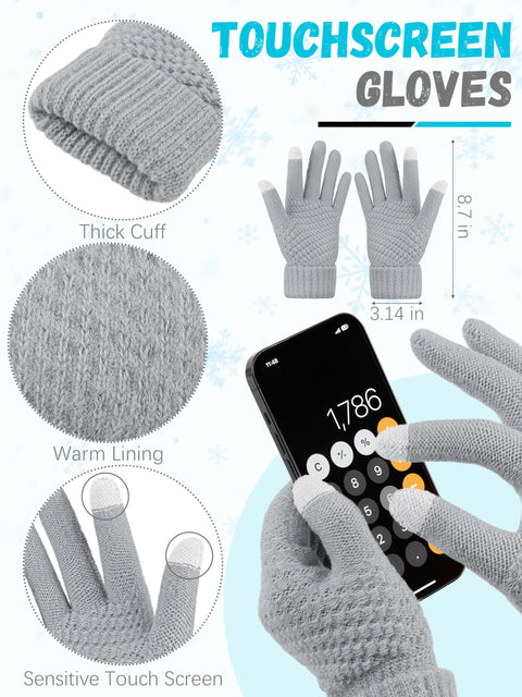 Winter Hat Scarf Gloves and Ear Warmer, Warm Knit Beanie Hat Touch Screen Gloves Set Winter Gifts Neck Scarves for Women Light Gray LOROME