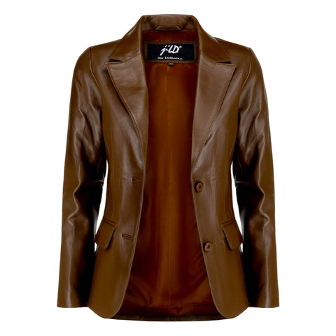 Jild Classic 2-Button Lambskin Leather Blazer Women - Casual Coat Long Sleeves Suit Style Leather Jacket Women (LC-Brn-3XL) Jild