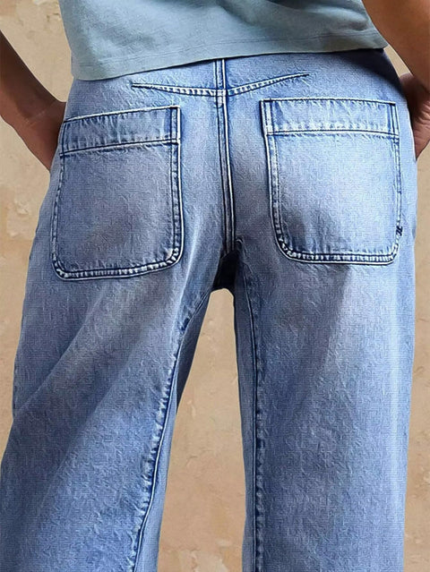 Flamingals Straight Leg Cropped Jeans for Women Barrel Casual Mid Rise Wash Stitch Detail Denim Jeans Without Belt Light Blue L