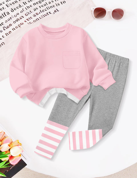 NAPU Little Girls Clothes 4T Toddler Girl Outfits Size 5T Winter Clothes for Kids Pullover Pink Long Sleeve Sweatsuits and Striped Leggings Gray Pants Casual Fall Outfit