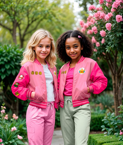 Nintendo Super Mario Bomber Jacket for Girls, Mario and Luigi Bomber Jacket (Peach Pink, Size 6/6X)