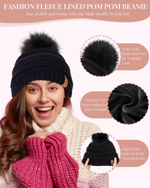 Womens Winter Beanie Hat Scarf Gloves Set, Cute Pom Pom Beanie with Warm Fleece Lined Long Knit Neck Scarf Touchscreen Gloves, 3 Piece Set for Cold Weather(Black) SENPUKI