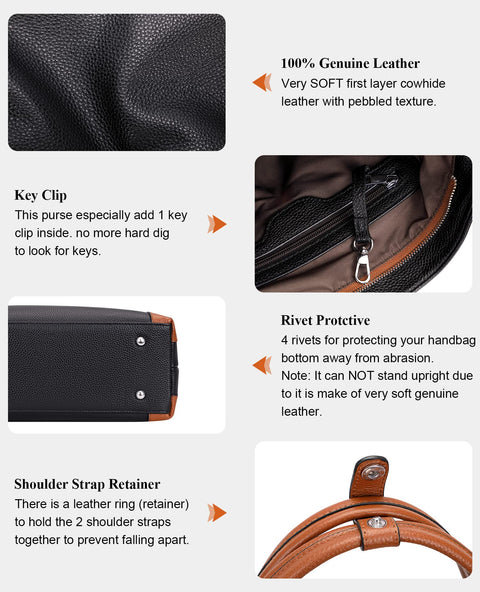 Over Earth Soft Leather Handbags for Women Shoulder Hobo Bag Large Tote Crossbody Bag (O103E Black/Brown) Over Earth