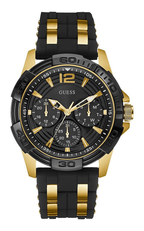 GUESS Mens 43mm Watch - Black Strap Black Dial Gold Tone Case GUESS