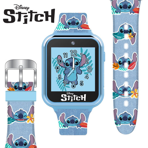 Disney Stitch Kids Smart Watch with 10 Customizable Faces, Camera, Voice Recorder, Calculator, and Step Counter – Touchscreen Interactive Watch for Kids – Blue Silicone Strap