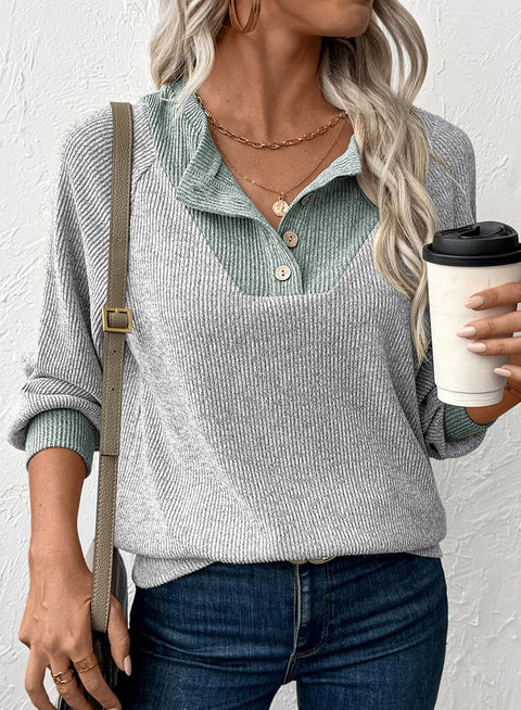 EVALESS Womens Fall Fashion 2025 Long Sleeve Shirts Patchwork Button Up V Neck Sweatshirt for Women Casual Trendy Pullover Teacher Outfits Tops Light Grey Medium