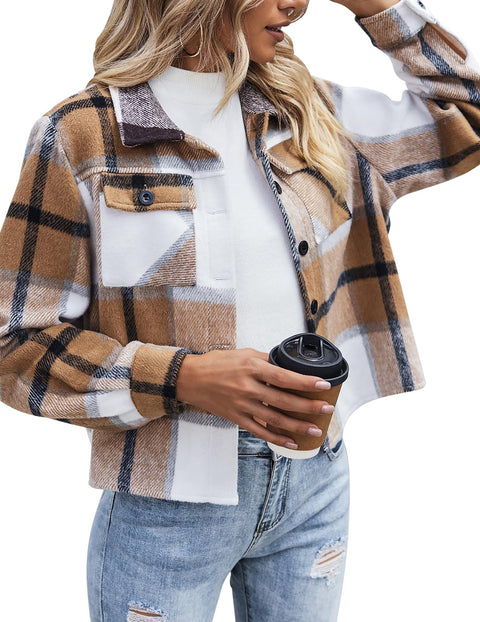 Zeagoo Flannels for Women Cropped Shacket Jacket Plaid Button Long Sleeve Shirt 2025 Fall Halloween Outfits