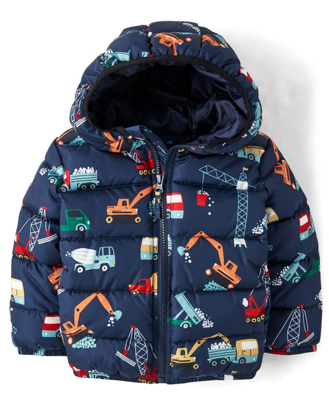 The Children's Place,Baby Boys,and Toddler Boys' Medium Weight Wind-Resistant, Water-Resistant Puffer Jacket,Navy Construction Trucks,5 Years