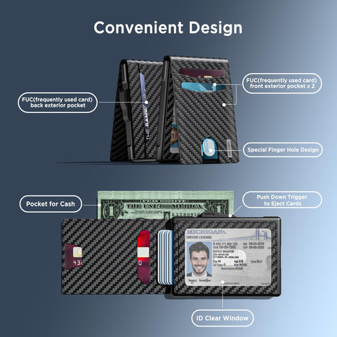 umoven Wallet for Men - Pop Up Case, Cash Slot, and Credit Card Slot - Slim Aluminum Wallet with RFID Blocking, Minimalist Leather Wallet Front Pocket with ID Window (Carbon Fiber) umoven