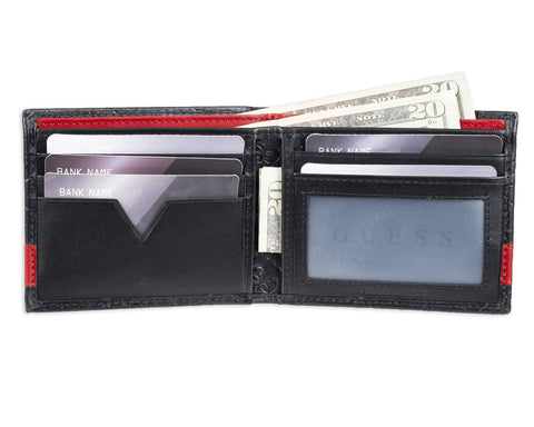 Guess Men's Leather Slim Bifold Wallet, Black/Red, One Size GUESS