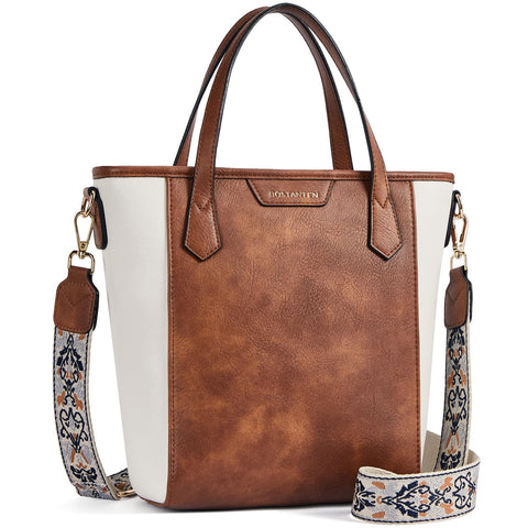 BOSTANTEN Crossbody Tote Bag Small Bucket Bag Vegan Leather Handbag Purses for Women Guitar Strap, Beige and Brown BOSTANTEN