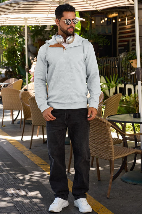 Mens Fashion Pullover Hoodies Long Sleeve Thermal Drawstring Button Texture Hooded Sweatshirt Grey