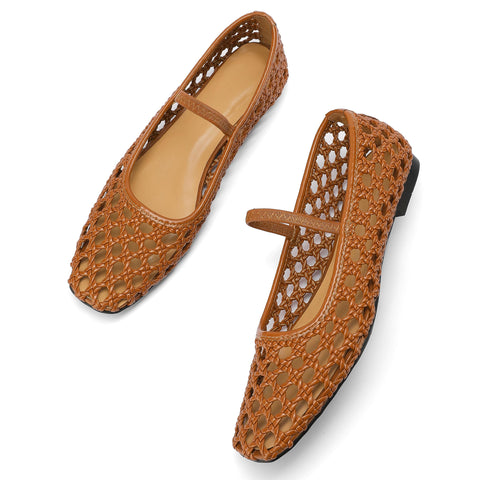 IBDPOSH Brown Woven Mesh Ballet Flats Shoes for Women with Strap Charming Comfortable Casual Elegance Flat Mary Janes Suitable for Woven Bags Size 8