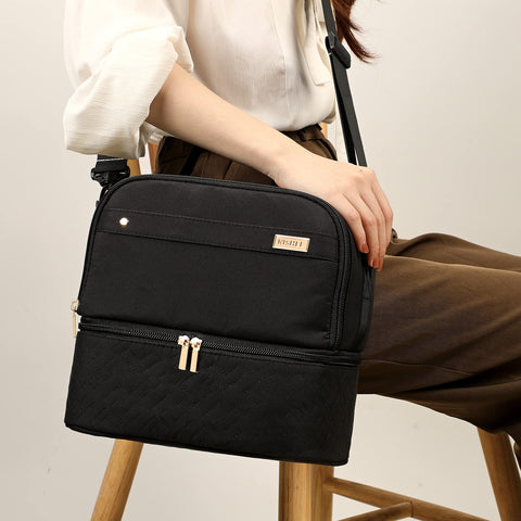 NISHEL Lunch Bag for Women, Insulated Two Separate Compartments Lunch Box with Adjustable Shoulder Strap, Leakproof Lunch Cooler Bag for Work, Black NISHEL