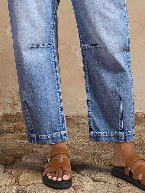 Flamingals Straight Leg Cropped Jeans for Women Barrel Casual Mid Rise Wash Stitch Detail Denim Jeans Without Belt Light Blue L