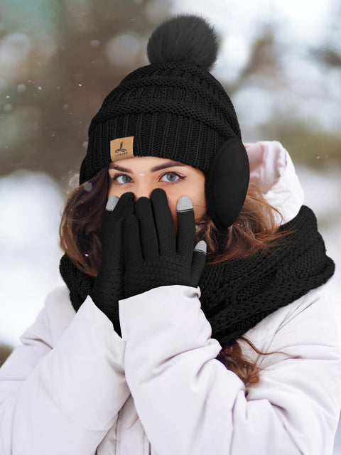 Earmuffs Hat Gloves Scarf Set Women, Black Gray White Mix Touchscreen Gloves Ear Warmer Knit Scarf Beanie for Winter LOROME