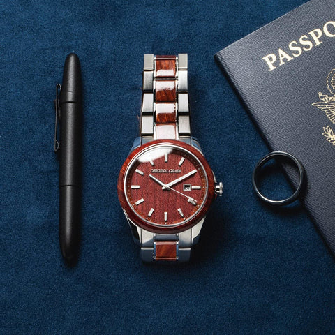Original Grain Men's Rosewood Silver 43mm Analog Watch | Classic Collection, Brushed Stainless Steel, Adjustable Watch Band | 5ATM Water-Resistant, Scratch-Resistant | Fashion Wrist Watch for Men Original Grain