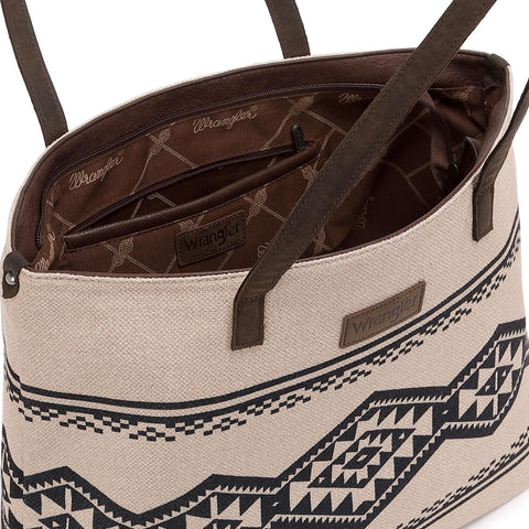 Wrangler Tote Purse Bag Aztec Canvas Shoulder Bags Native American Western Handbags for Women Genuine Leather Strap Hobo Bag WG53-8112TN Montana West