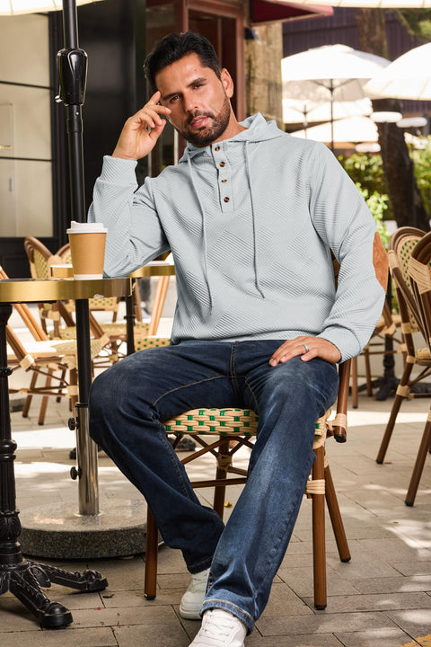 Mens Fashion Pullover Hoodies Long Sleeve Thermal Drawstring Button Texture Hooded Sweatshirt Grey