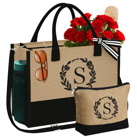 YOOLIFE Birthday Gifts for Women - Gifts for Women Her Initial S Jute Tote Bag w Makeup Bag Embroidery Monogram Mothers Day Birthday Gifts for Women Friends Teacher Mother Sisters Bride Wedding Gifts YOOLIFE
