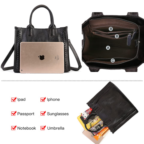 Genuine Leather Handbags Purses for Women Tote Crossbody Top Handle Bag Leather Satchel Handbag for Women Ladies Black Zhuoliang