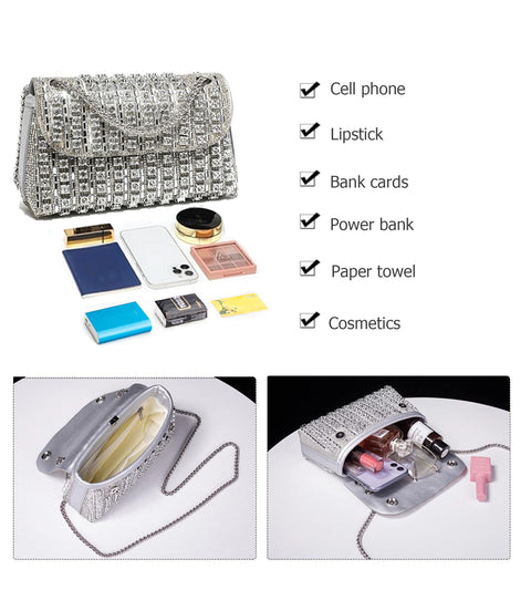 Sweetovo Rhinestones Clutch Purses for Women Chain Shoulder Bags Sparkly Evening Bags Handbags for Cocktail Prom Party Wedding(Silver) Sweetovo