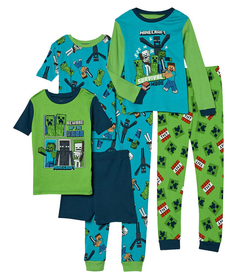 Minecraft Boys 6-piece Snug-fit Cotton Pajama Set, Blue, Green, 8 US