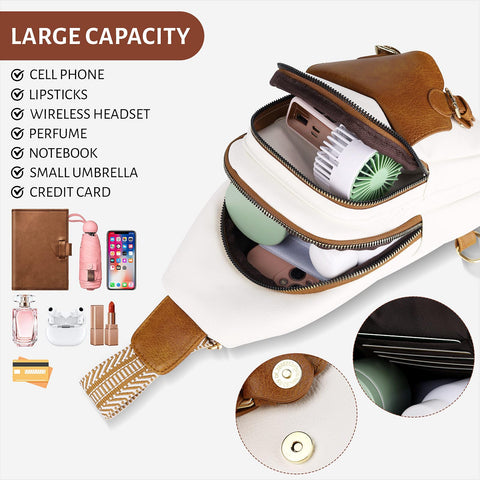 GUETES Sling Bag Small Fanny Pack Leather Crossbody Bags for Women Men Chest Bag Cross Body Backpack dailypack Travel Hiking Cycling, White and Brown GUETES