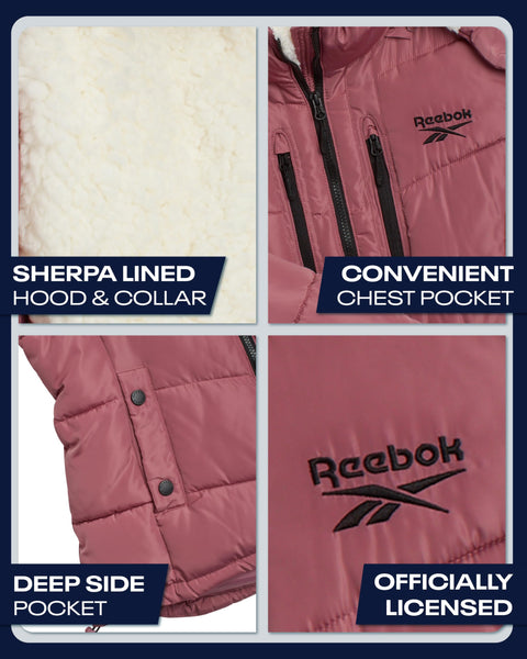 Reebok Womens Puffer Jacket - Heavyweight Puffer Coat with Faux Fur Trim Hood - Outerwear Down Winter Jackets for Women, Size Medium, Dusty Rose