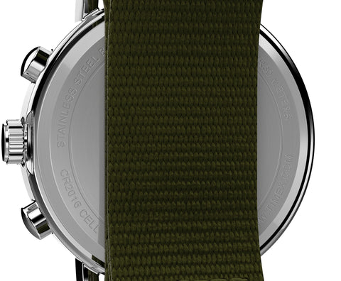 Timex Men's Weekender Chronograph 40mm Watch – Silver-Tone Case Cream Dial with Green Fabric Slip-Thru Strap Timex